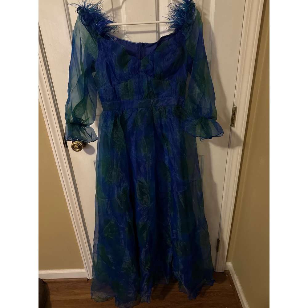 NWT Blue Green Watercolor Organza Maxi Dress Feather fairycore gala mermaid